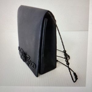 Jessica McClintock Black Satin Evening Bag with Floral Applique and Scroll Bead